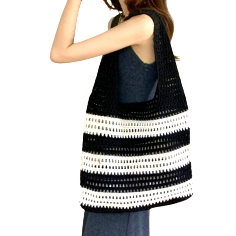 Hobo Black/Cream Stripe Crochet Knit Bohemian Tote Handbag,Large,NWOT